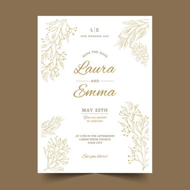 El çizimi çiçek düğün davetiyesi şablon vektör tasarımı çizimi