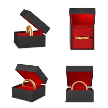 Alyanslar, izole edilmiş ittifak yüzükleri kırmızı kurdele kutuları ve yastık çizimleri içeren gerçekçi büyük bir set.