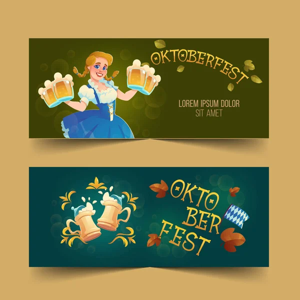 Cartoon Oktoberfest Horizontale Banners Set Vector Ontwerp Illustratie — Stockvector