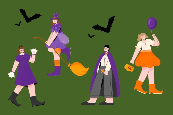 Hand Drawn Flat Halloween Costumes Collection Vector Design Illustration — Stock Vector