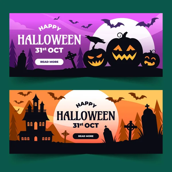 Platte Halloween Horizontale Banners Set Vector Ontwerp Illustratie — Stockvector