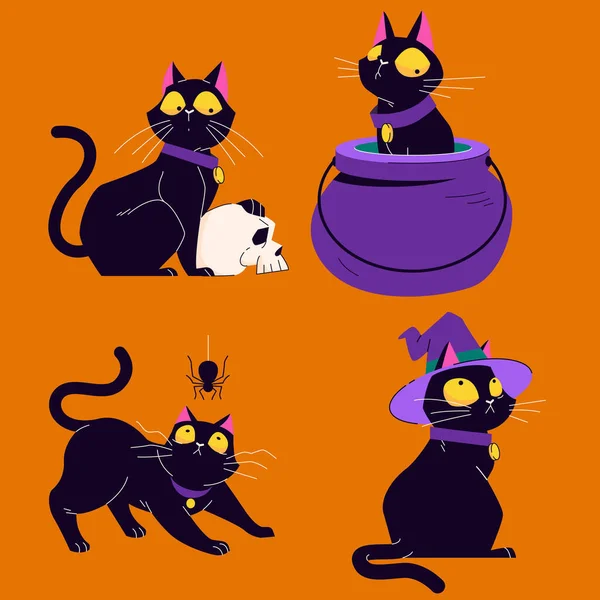 Mano Dibujado Plana Halloween Negro Gatos Colección Vector Diseño Ilustración — Archivo Imágenes Vectoriales