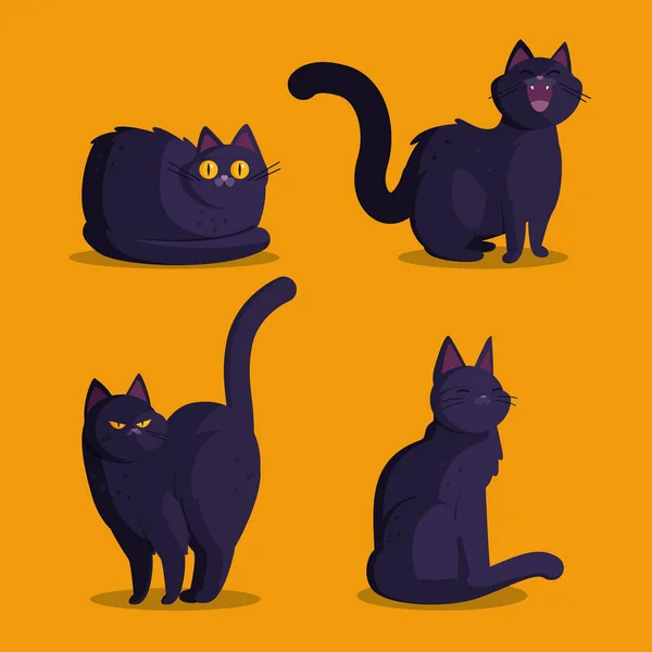 Flat Halloween Black Cats Collection Vector Design Illustration — Stock Vector