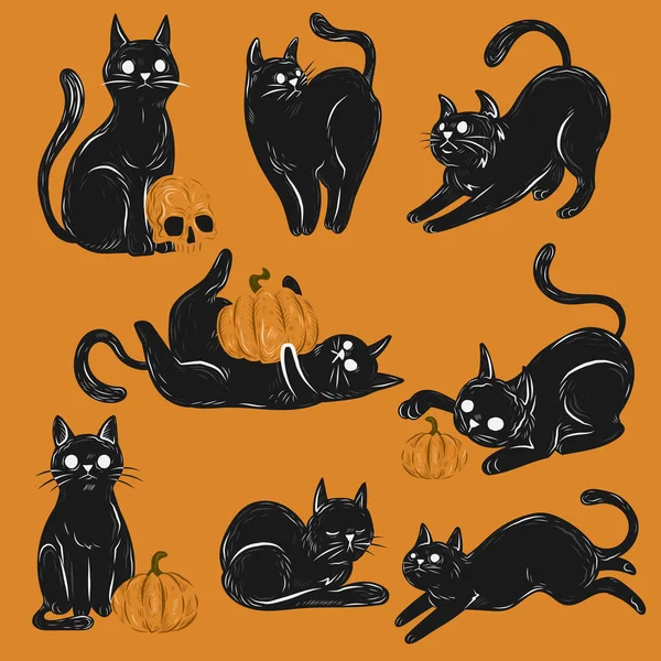 Ручной Рисунок Хэллоуина Черные Кошки Коллекции Векторных Рисунков — стоковый вектор