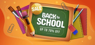 gerçekçi arka okul satışı yatay afiş şablon vektör tasarım illüstrasyonu