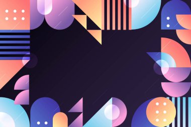 Modern tasarım yatay posteri parlak renkli soyut geometrik elementler ve eğri çizgileri düz vektör resimlemesi