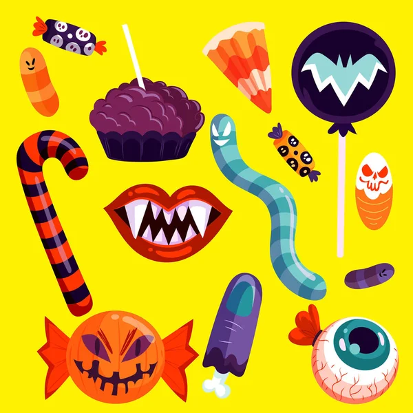 Flache Halloween Süßigkeiten Sammlung Vektor Design Illustration — Stockvektor