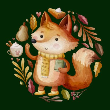 Fox vektör tasarımı illüstrasyonlu suluboya sonbahar