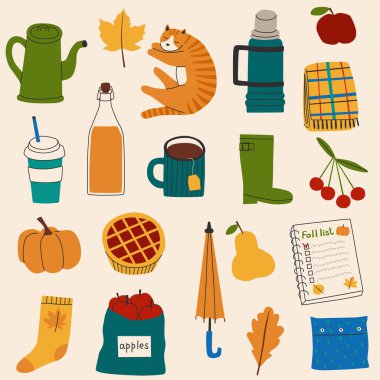 düz elementler koleksiyonu sonbahar kutlama vektör tasarımı illüstrasyonu