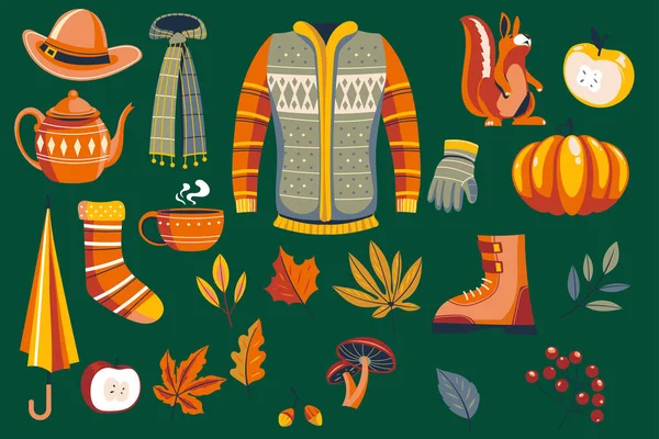 Flache Elemente Kollektion Herbst Feier Vektor Design Illustration — Stockvektor