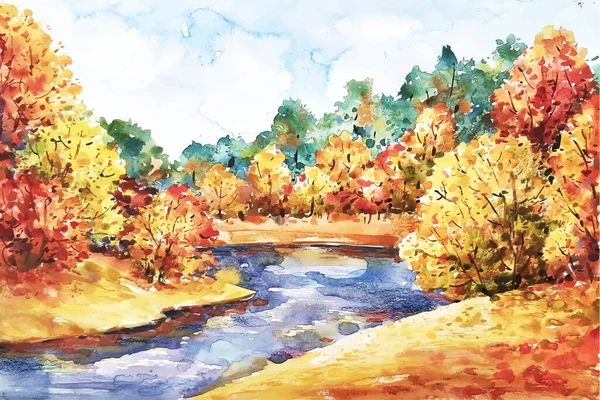 Acquerello Autunno Paesaggio Vettoriale Disegno Illustrazione — Vettoriale Stock