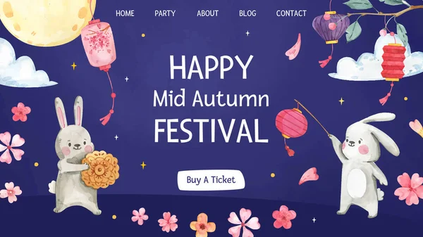 Acuarela Mediados Otoño Festival Landing Page Plantilla Vector Diseño Ilustración — Vector de stock