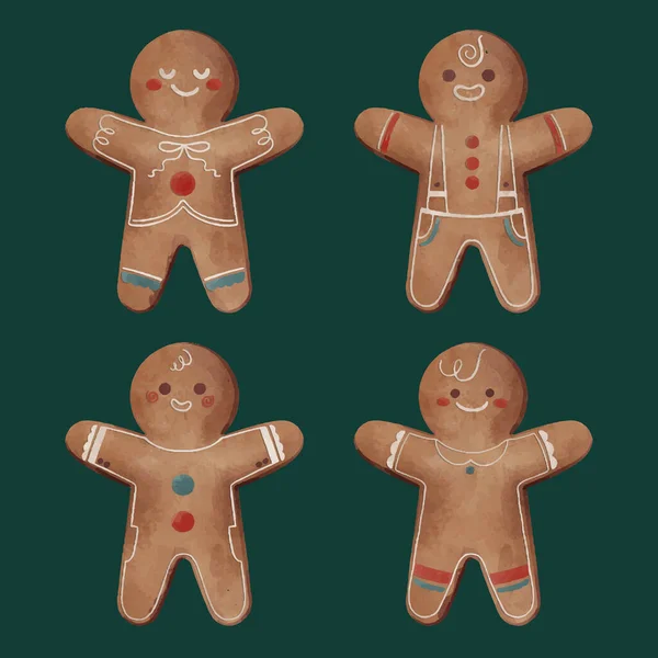 Watercolor Gingerbread Manusia Cookies Collection Vector Design Illustration - Stok Vektor