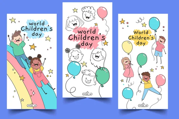 Mano Disegnato Mondo Bambini Giorno Banner Raccolta Vettoriale Disegno Illustrazione — Vettoriale Stock