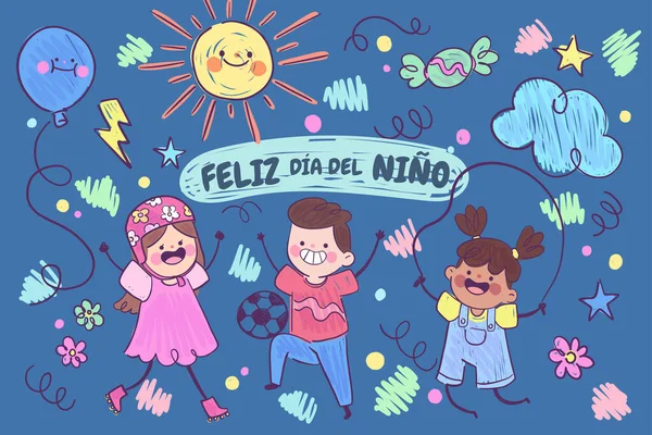Dessin Main Jour Des Enfants Espagnol Fond Vectoriel Dessin Illustration — Image vectorielle