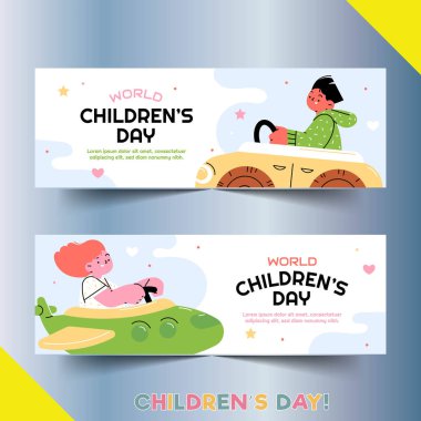 düz dünya çocuklarının yatay bayrak şablonu vektör tasarımı illüstrasyonu