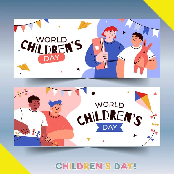 Hand Drawn Flat World Children Day Horizontal Banners Set Vector — Stock Vector