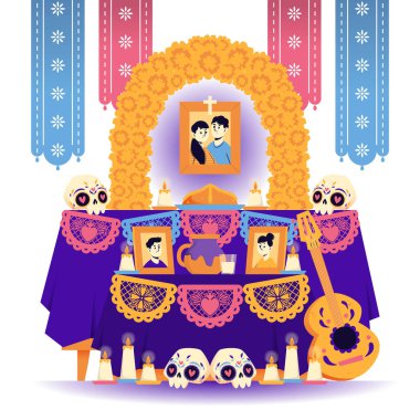 El çizimi düz dia de muertos aile sunak vektör tasarımı illüstrasyonu