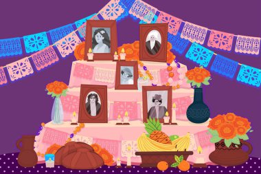 El çizimi düz dia de muertos aile sunak vektör tasarımı illüstrasyonu