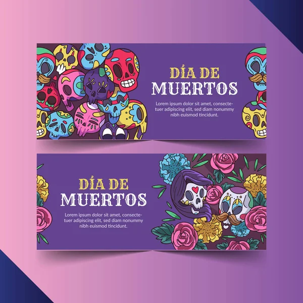 Χειροποίητα Dia Muertos Οριζόντια Πανό Σύνολο Διανυσματικό Σχεδιασμό Εικονογράφηση — Διανυσματικό Αρχείο
