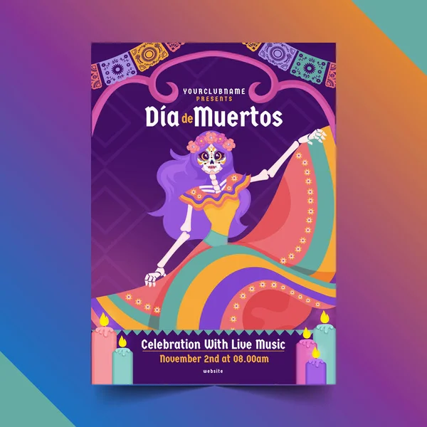 Disegno Mano Piatto Dia Muertos Verticale Poster Modello Vettoriale Disegno — Vettoriale Stock