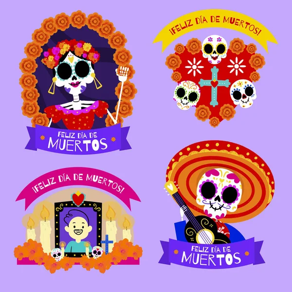 Disegno Mano Dia Muertos Badges Collezione Disegno Vettoriale Illustrazione — Vettoriale Stock