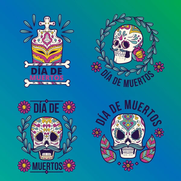 Disegno Mano Dia Muertos Badges Collezione Disegno Vettoriale Illustrazione — Vettoriale Stock