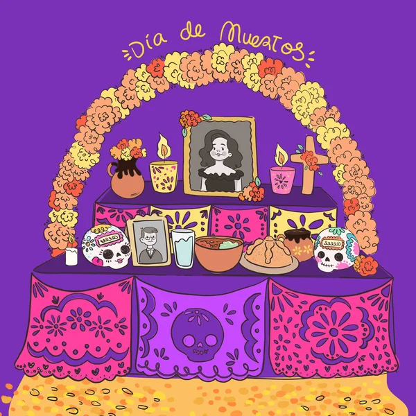 Mano Dibujado Día Muertos Familia Altar Hogar Diseño Vectorial Ilustración — Vector de stock