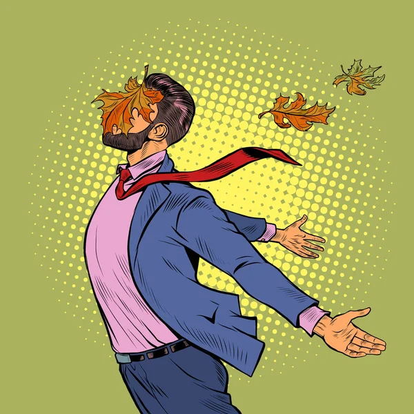 Un homme joyeux dans les feuilles d'érable d'automne se tient dans le vent, a ouvert ses mains aux éléments — Image vectorielle