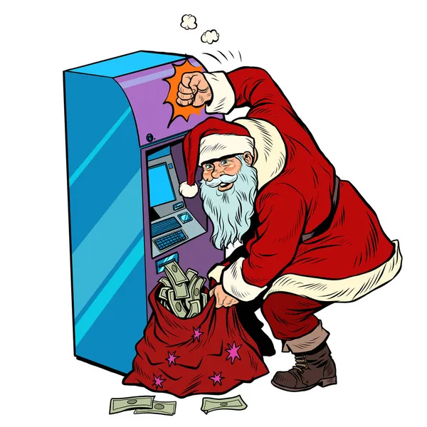 ATM para yağdırıyor, Noel Baba Noel ikramiyesi alıyor. — Stok Vektör