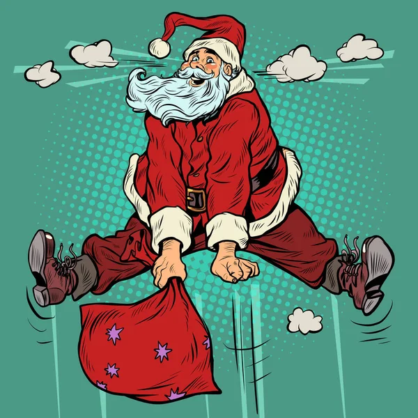 Radostný Santa Claus vyskočí, přebytek emocí karikatura skok. Vánoční prázdniny — Stockový vektor