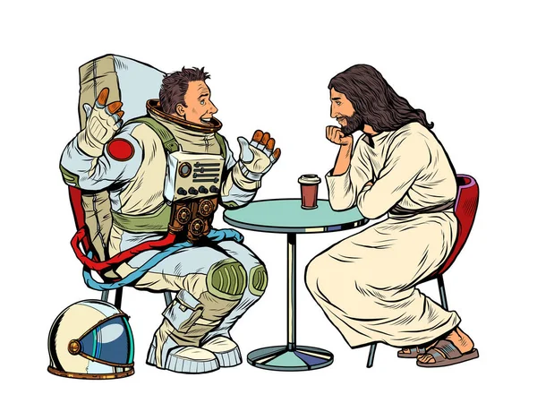 Jesus Christ is talking to a male astronaut. Christianity and religion, preaching — Stock Vector