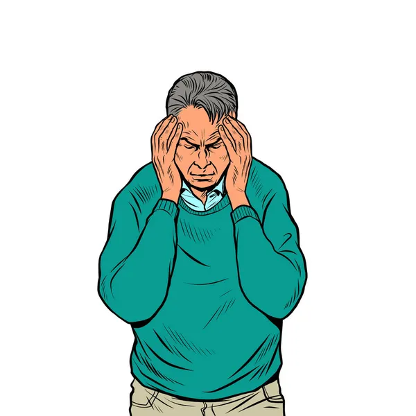 Un hombre de edad avanzada dolor de cabeza, síntomas médicos migraña cáncer hipertensión meningitis accidente cerebrovascular u otras enfermedades — Vector de stock