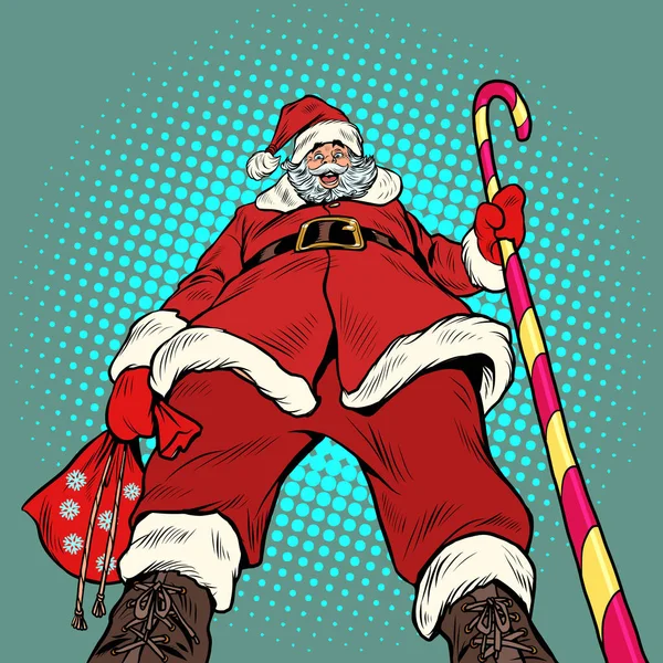 Pretensioso Papai Noel vista de baixo para cima. Natal e Ano Novo, férias sazonais de inverno em dezembro —  Vetores de Stock