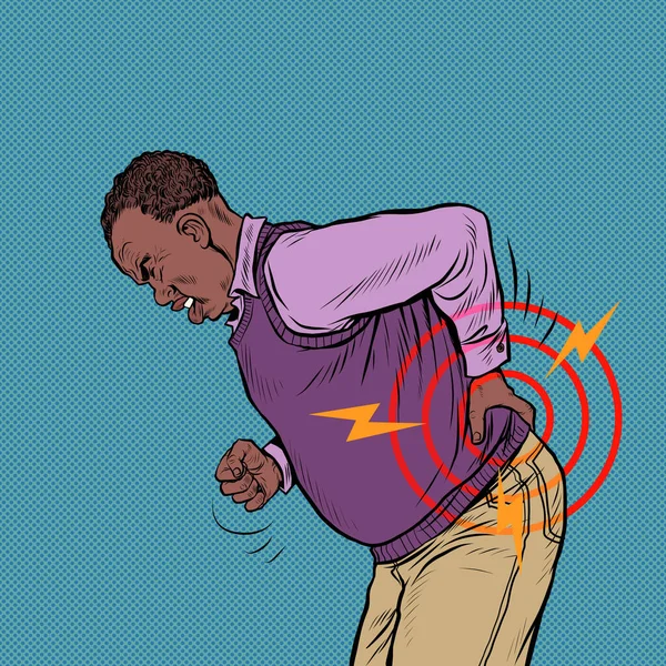 Африканський літній чоловік болить спина, остеохондроз грижі Спрей-наука та інші захворювання хребта та внутрішніх органів Ліцензійні Стокові Вектори