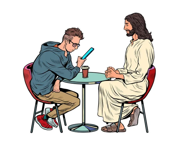 Jezus wacht op u, redder en drukke man aan tafel. Christendom en religie, prediking en geloof — Stockvector