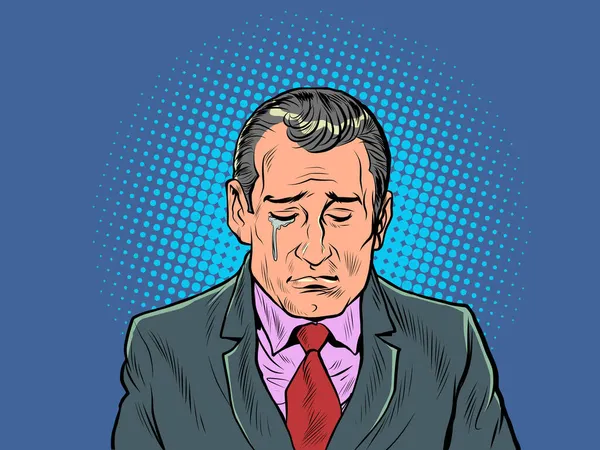 Um homem de negócios sério está a chorar, um humor triste. Triste notícia. — Vetor de Stock
