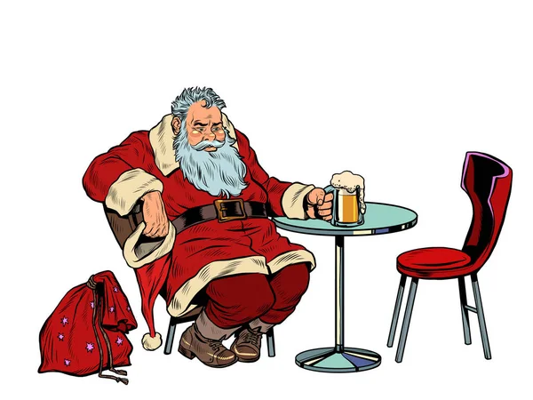Santa Claus bebe cerveza en el bar, Navidad después del trabajo — Vector de stock