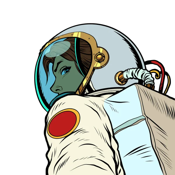 Beni takip eden bir kadın astronot geleceğe doğru yol alıyor. — Stok Vektör