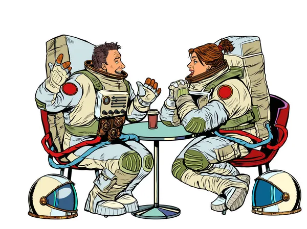 우주비행사와 여자 커플은 카페에서 데이트를 한다. 두 친구를 만나다 — 스톡 벡터
