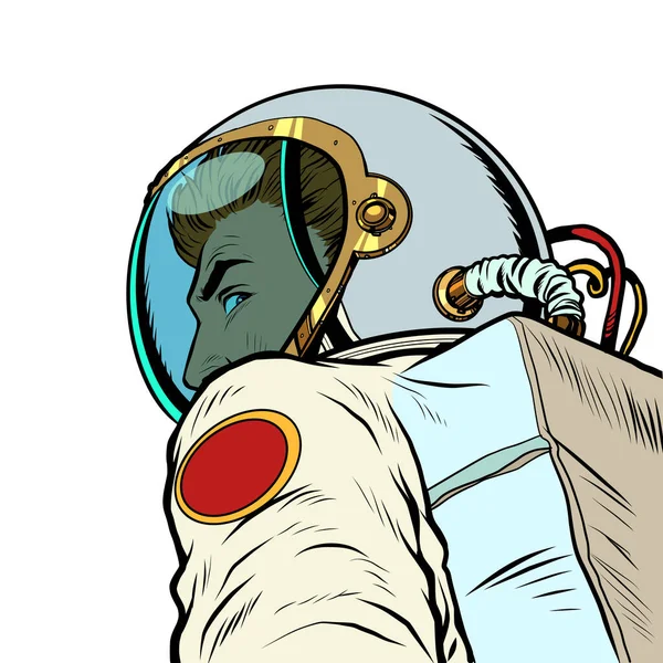 Astronaut man follow me, leads forward into the future — Stock Vector