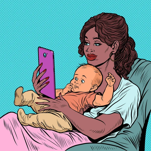 Madre africana e hijo caucásico, tarea y maternidad. Amor y cuidado — Vector de stock