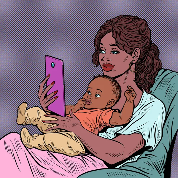 Африканская мать и ребенок, домашнее задание и материнство. Любовь и забота — стоковый вектор