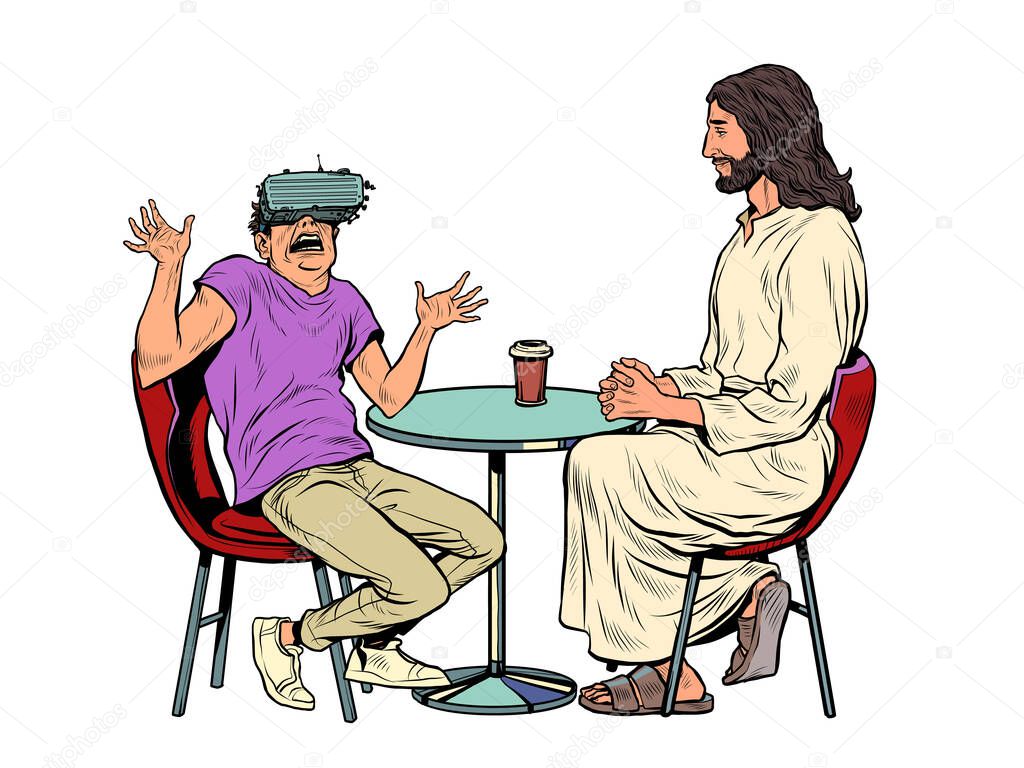 A young man in virtual reality glasses and Jesus next to him. Religion and virtual life