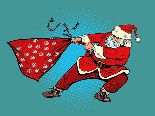 산타 클로스는 무거운 가방을 들고 선물을 많이 받습니다. 크리스마스와 새해 연휴 — 스톡 벡터