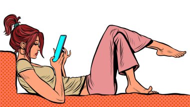 Genç bir kadın yalan söyler ve akıllı telefon, internet ve çevrimiçi sosyal ağlar izler.