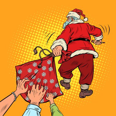 İnsanlar Noel Baba 'nın bir çanta dolusu hediyesini çalmak istiyor. Heyecan verici tatil indirimleri ve satışlar. Noel ve yeni yıl kış tatili