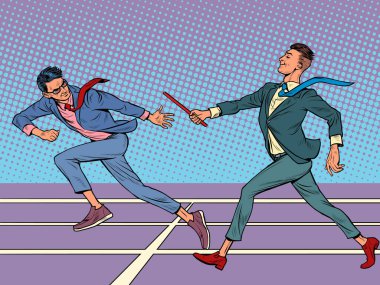 İş dünyası takım çalışması konsepti. Spor rölesi, bayrağı devretmek, erkek atletler yarışmak.