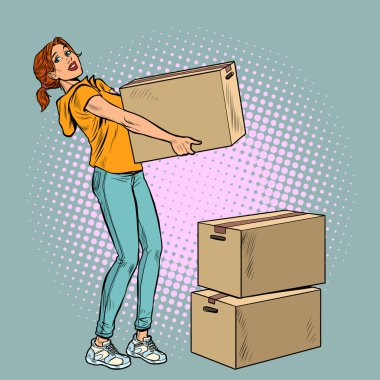 Kutuları taşıyan genç bir kadın. Kişisel eşyaların teslimatı ve paketlenmesi