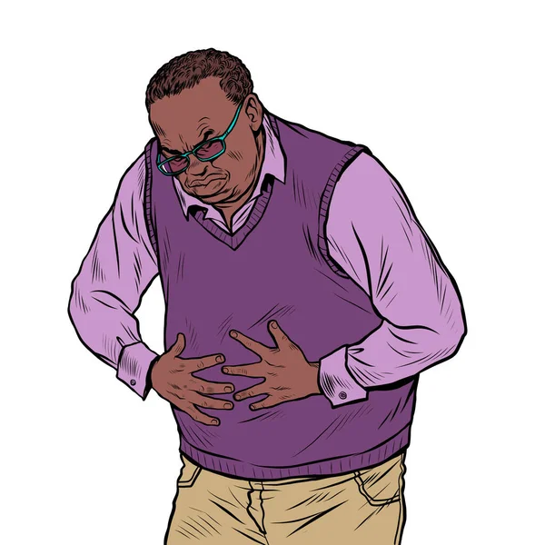 Африканский пожилой человек боль в животе, заболевания желудка, кишечника или других внутренних органов — стоковый вектор